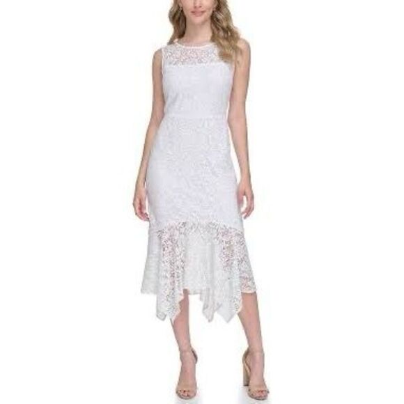 NWT Kenzie white sleeveless asymmetric midi dress,  White floral lace Size 6 - Picture 3 of 10